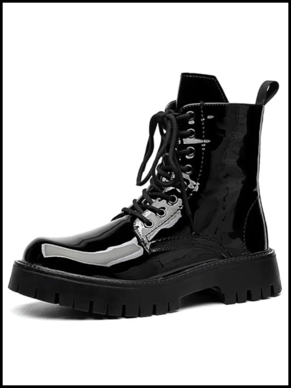 Men's Patent Leather Platform Combat Boots Side Zipper Wide Toe Lace Up Chunky